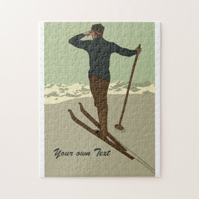 Retro art deco ski travel ad customizable jigsaw puzzle (Vertical)