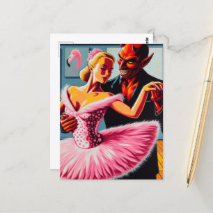 Retro Art Devil With Flamingo Dancer  Postcard