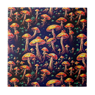 Retro Art Mushrooms - Bioluminescent Dreamscape Tile
