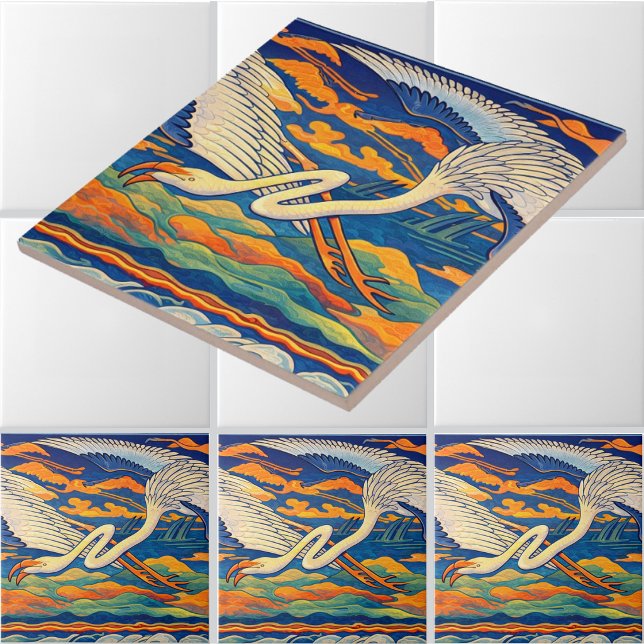 Retro Art Nouveau Flying Flamingos Frieze Tile (Creator Uploaded)