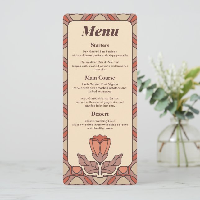 Retro Art Nouveau Wedding Menu Card (Standing Front)