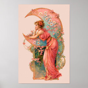 Retro Art Nouveau Woman & Crescent Moon Poster