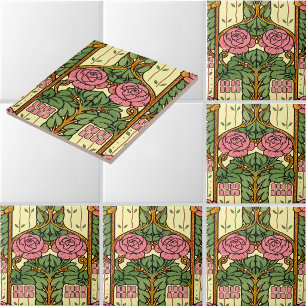 Retro Arts & Crafts Floral Foliage Rose Pattern Tile