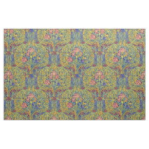 Retro Arts & Crafts style Birds in Trees Pattern Fabric