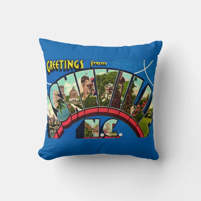 Retro Asheville NC Postcard Throw Pillow (Front)