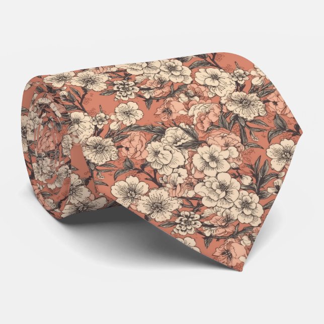 Retro Asian Floral Garden Neck Tie (Rolled)