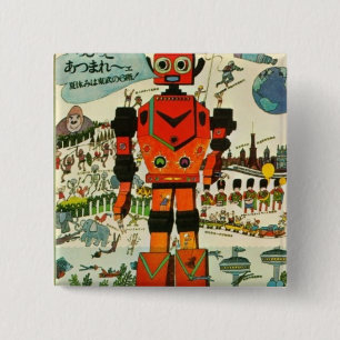 Retro Asian Robot Print Art 2 Inch Square Button