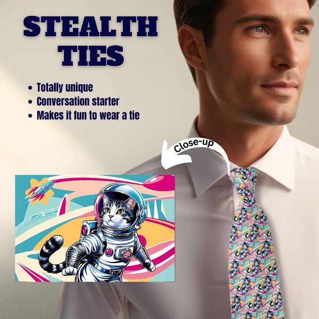 Retro Astronaut Cat Men's Stealth Tie (Creator Uploaded)