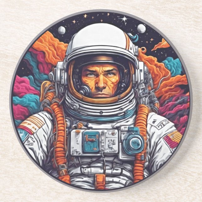 Retro Astronaut Nebula Sandstone Coaster (Front)
