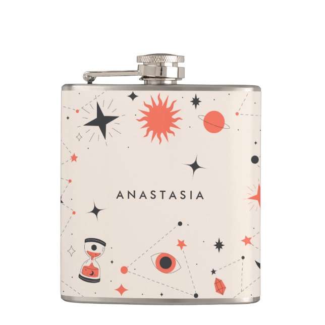 Retro Astronomy Tokens Personalized Hip Flask (Front)
