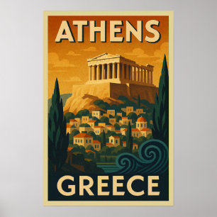Retro Athens in Vintage Art Deco Style Travel Poster