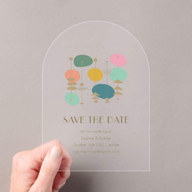 Retro Atomic Age Mid Century Modern Save the Date Acrylic Invitations (Insitu (Handheld))