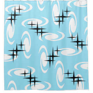 Retro Atomic Age Swirls Stars Pattern Baby Blue