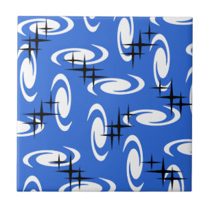 Retro Atomic Age Swirls Stars Pattern Blue Tile
