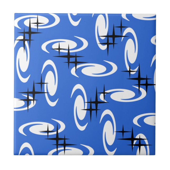 Retro Atomic Age Swirls Stars Pattern Blue Tile (Front)
