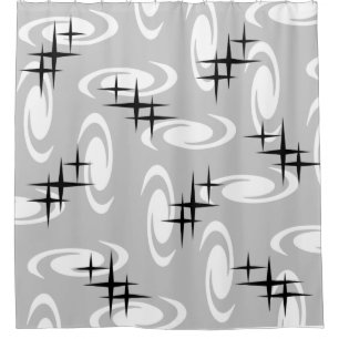 Retro Atomic Age Swirls Stars Pattern Light Grey