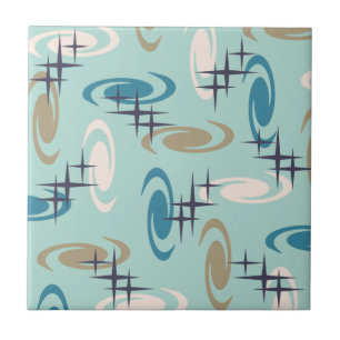 Retro Atomic Age Swirls Stars Pattern Multicolored Tile