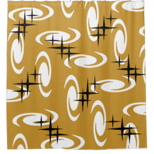 Retro Atomic Age Swirls Stars Pattern Ochre