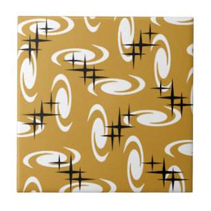 Retro Atomic Age Swirls Stars Pattern Ochre Tile