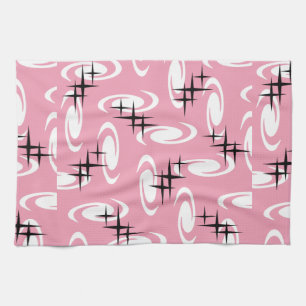 Retro Atomic Age Swirls Stars Pattern Pink Kitchen Towel