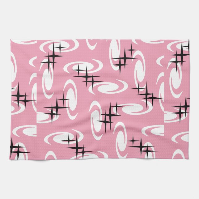 Retro Atomic Age Swirls Stars Pattern Pink Kitchen Towel (Horizontal)