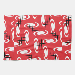 Retro Atomic Age Swirls Stars Pattern Red Kitchen Towel