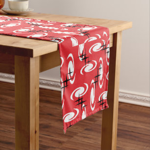 Retro Atomic Age Swirls Stars Pattern Red Short Table Runner