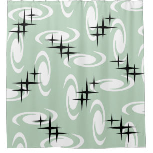 Retro Atomic Age Swirls Stars Pattern Sage Green