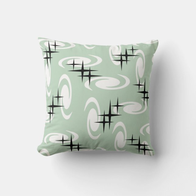 Retro Atomic Age Swirls Stars Pattern Sage Green Throw Pillow (Front)