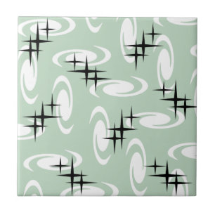 Retro Atomic Age Swirls Stars Pattern Sage Green Tile