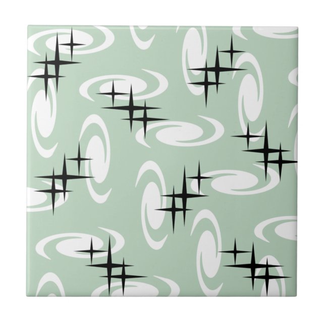 Retro Atomic Age Swirls Stars Pattern Sage Green Tile (Front)