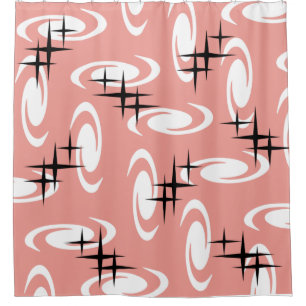 Retro Atomic Age Swirls Stars Pattern Salmon Pink
