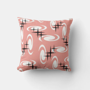 Retro Atomic Age Swirls Stars Pattern Salmon Pink Throw Pillow