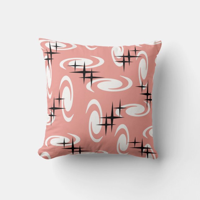 Retro Atomic Age Swirls Stars Pattern Salmon Pink Throw Pillow (Front)