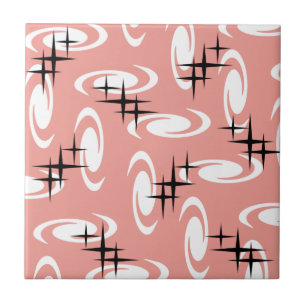 Retro Atomic Age Swirls Stars Pattern Salmon Pink Tile