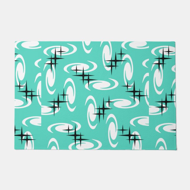 Retro Atomic Age Swirls Stars Pattern Turquoise Doormat (Front)
