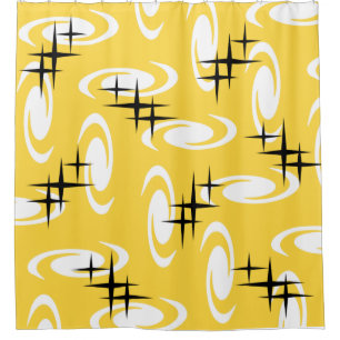 Retro Atomic Age Swirls Stars Pattern Yellow