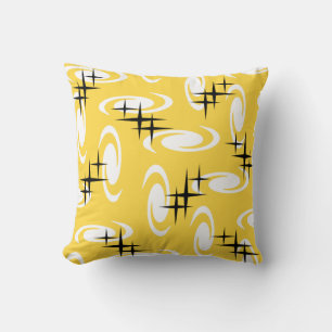 Retro Atomic Age Swirls Stars Pattern Yellow Throw Pillow