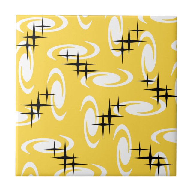 Retro Atomic Age Swirls Stars Pattern Yellow Tile (Front)