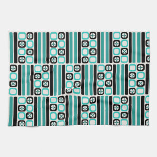 Retro Atomic Art Squares Lines Turquoise Kitchen Towel
