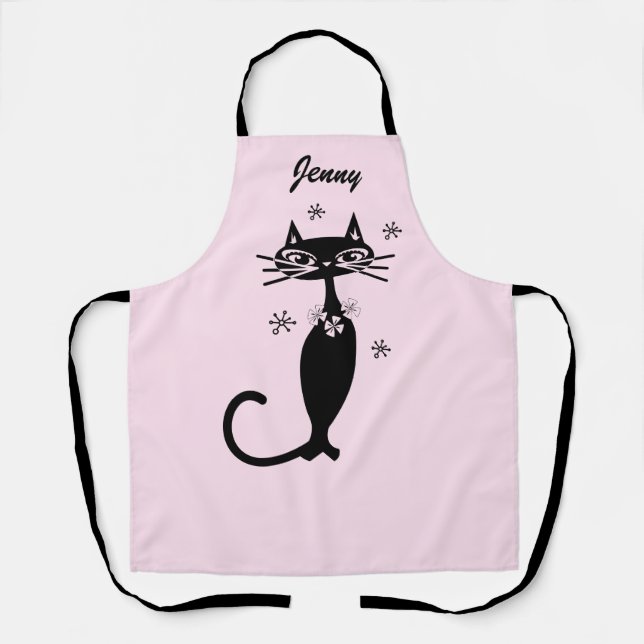 Retro Atomic Black Cat Personalized Kitchen Apron (Front)