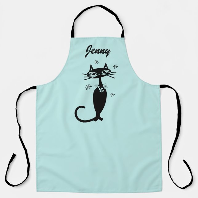 Retro Atomic Black Cat Personalized Kitchen Apron (Front)