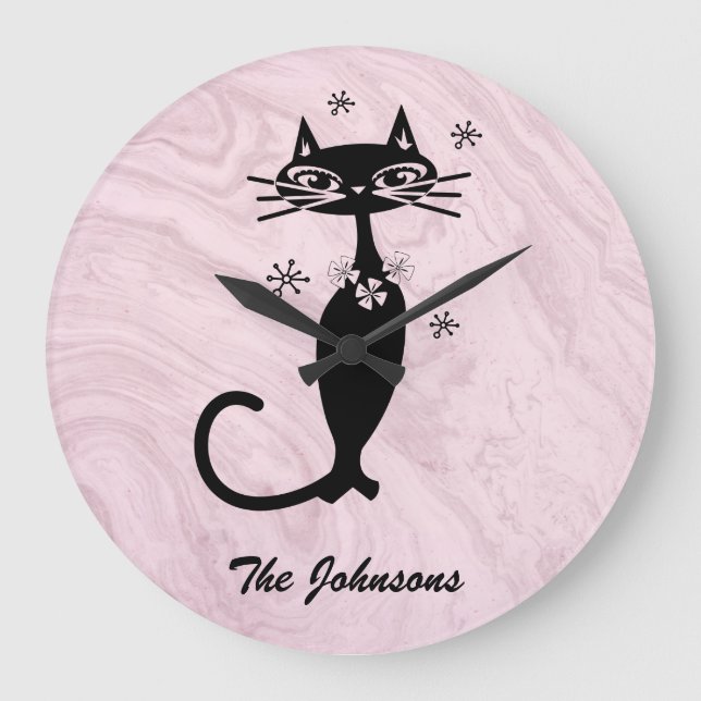 Retro Atomic Black Cat Personalized Kitchen Clock (Front)