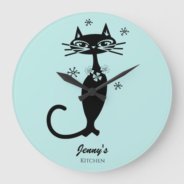 Retro Atomic Black Cat Personalized Kitchen Clock (Front)