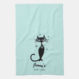Retro Atomic Black Cat Personalized Kitchen Towel
