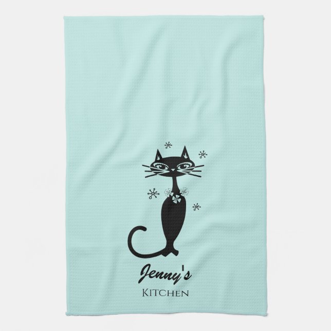 Retro Atomic Black Cat Personalized Kitchen Towel (Vertical)