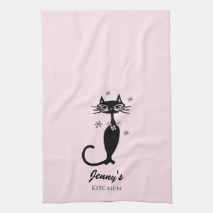 Retro Atomic Black Cat Personalized Kitchen Towel