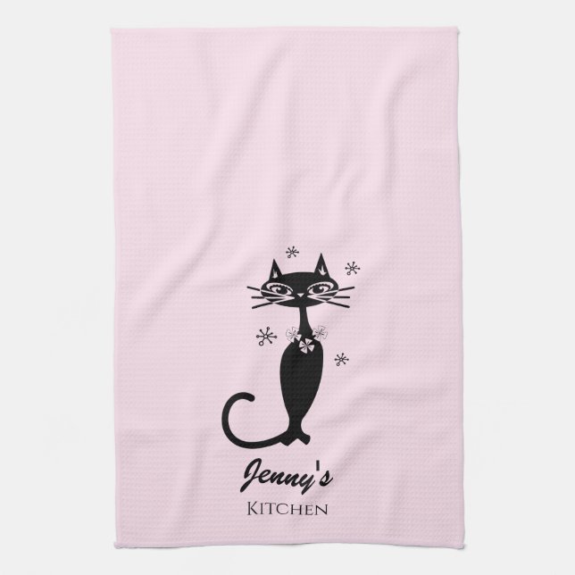 Retro Atomic Black Cat Personalized Kitchen Towel (Vertical)