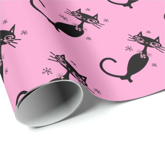 Retro Atomic Black Cat Personalized Wrapping Paper (Roll Corner)