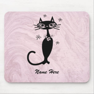 Retro Atomic Black Cat Pink Mouse Pad